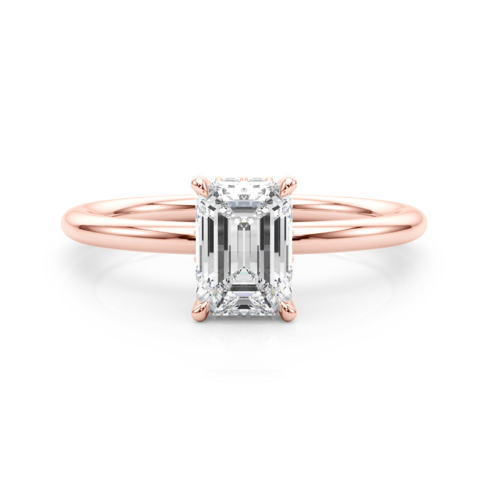 2.50ct Emerald Cut Diamond Solitaire Engagement Ring with Hidden Halo – 18ct Rose Gold Romantic Grandeur