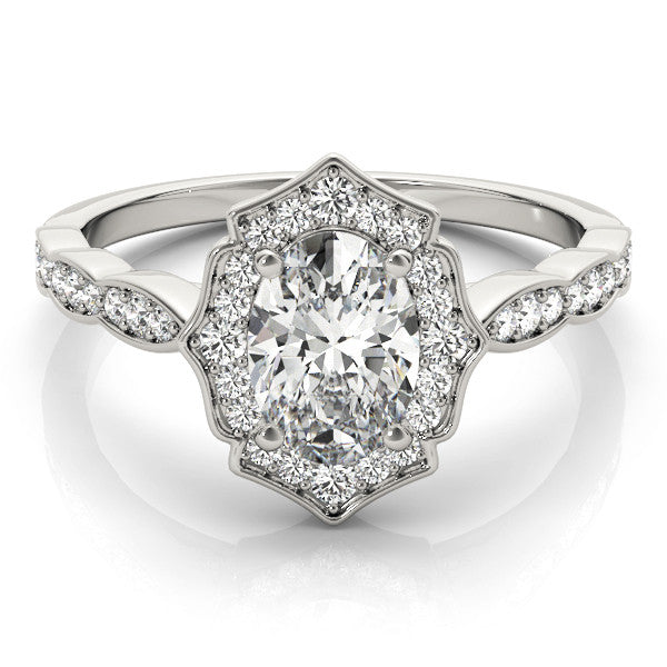1ct Oval Diamond Halo Engagement Ring – 18ct White Gold Ornate Elegance