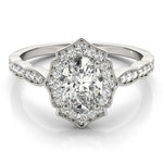 1ct Oval Diamond Halo Engagement Ring – 18ct White Gold Ornate Elegance