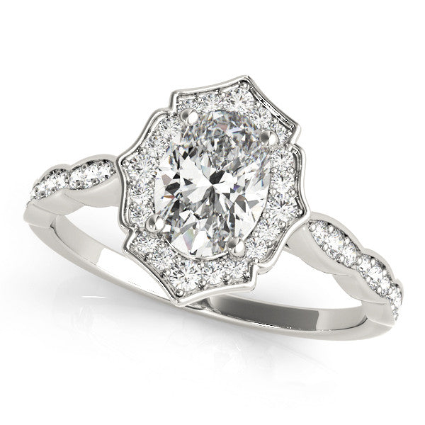 1ct Oval Diamond Halo Engagement Ring – 18ct White Gold Ornate Elegance