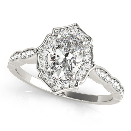 1ct Oval Diamond Halo Engagement Ring – 18ct White Gold Ornate Elegance