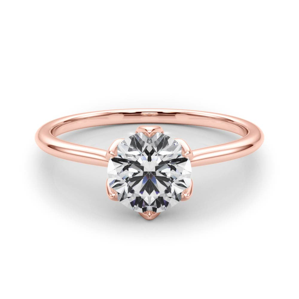 Round Brilliant Diamond Solitaire Engagement Ring with Six Claw Petal Setting – 18ct Rose Gold Romantic Elegance