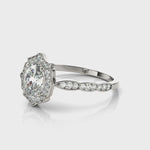 1ct Oval Diamond Halo Engagement Ring – 18ct White Gold Ornate Elegance
